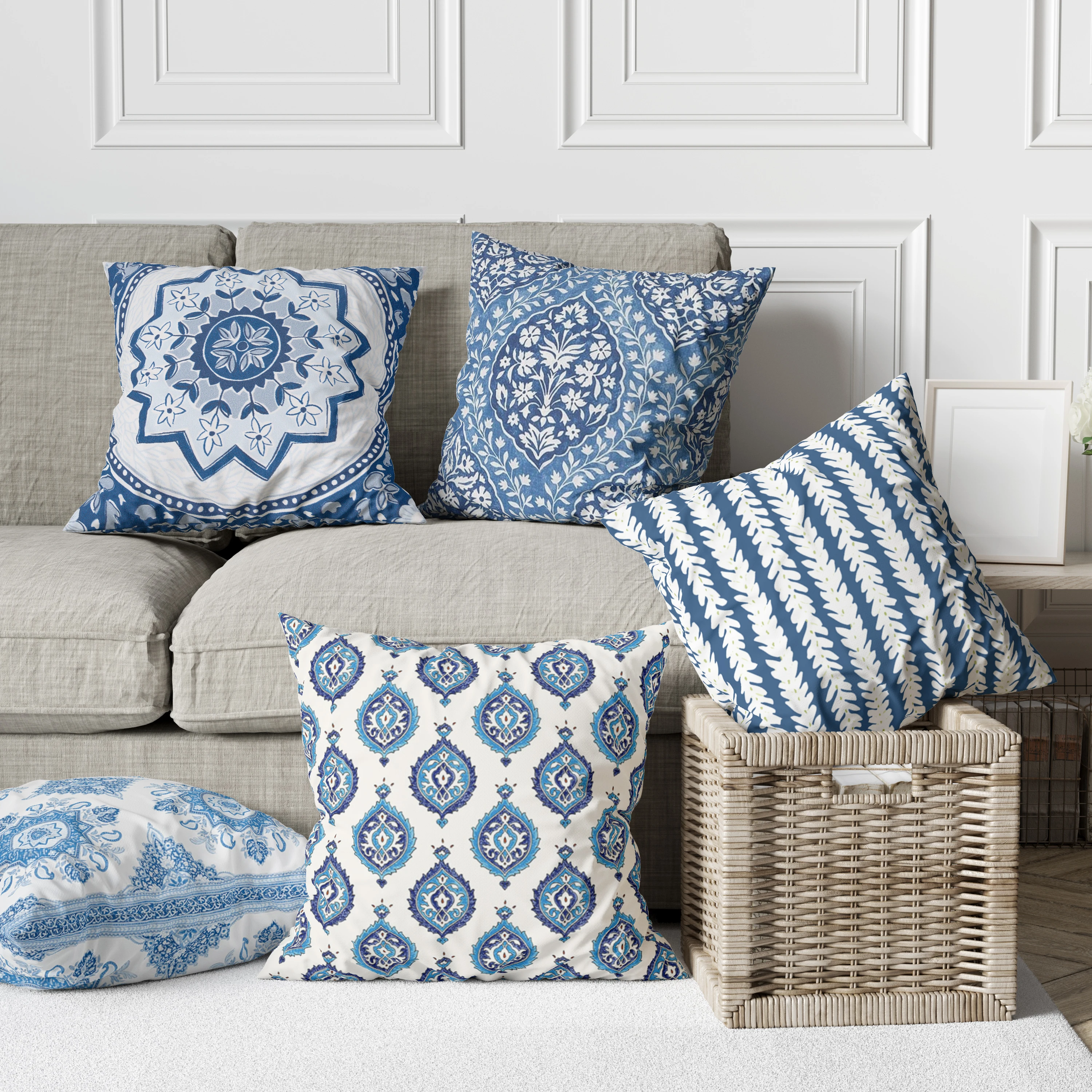 Classic Blue & White Printed Cushion Cover Set | Traditional Decorative Pillow Covers