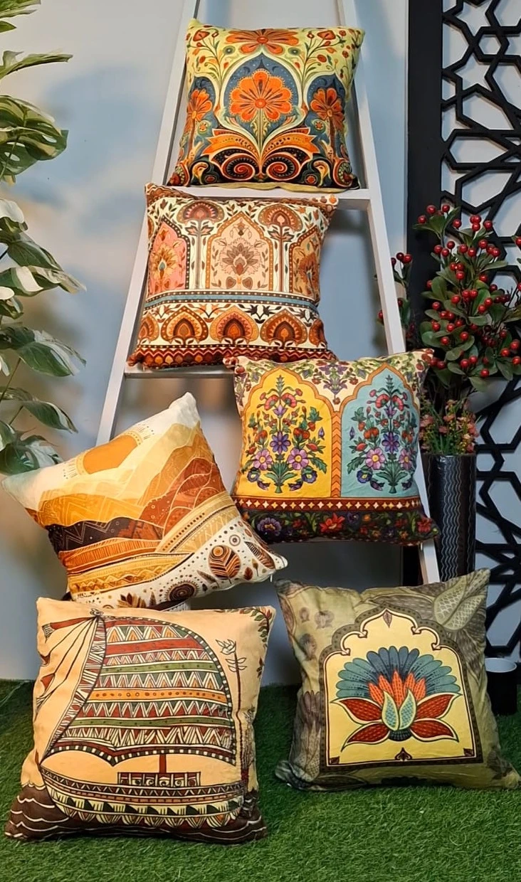 Traditional folk or tribal boat art motif cushion cover
